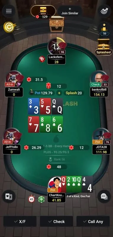 GGPoker mobile PLO cash table showing the Splash pot bonus