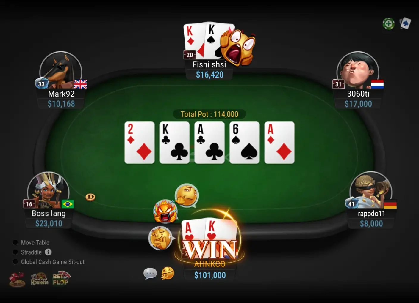 GGPoker Texas hold'em table: ace-king wins a 114,000 pot